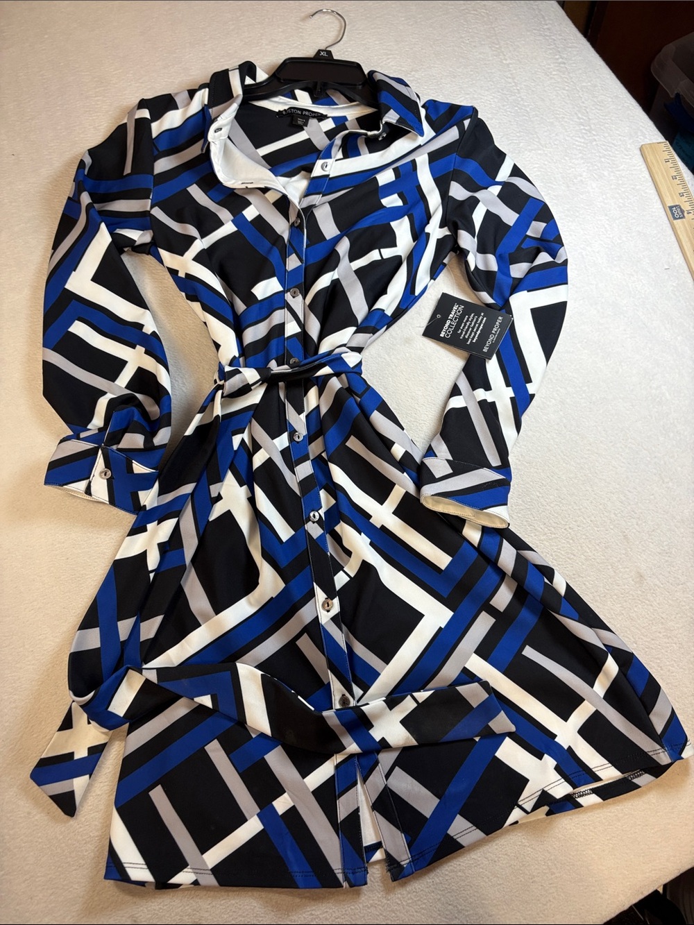 Boston Proper Black, Blue & White Geometric Button-Front Shirt Dress